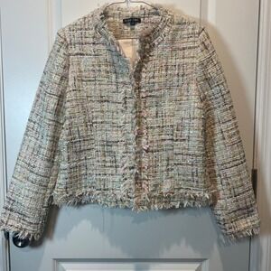 BOHO CHIC Tweed Blazer Jacket Multi Color Metallic Fringe Collarless Womens M